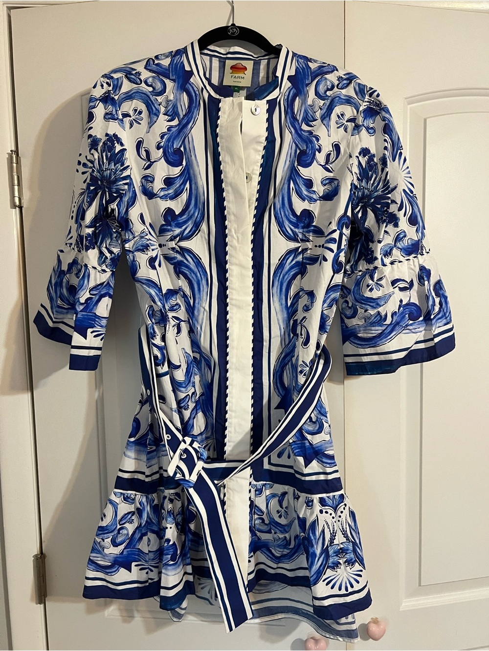 NWT Farm Rio Blue & White Printed belted dress